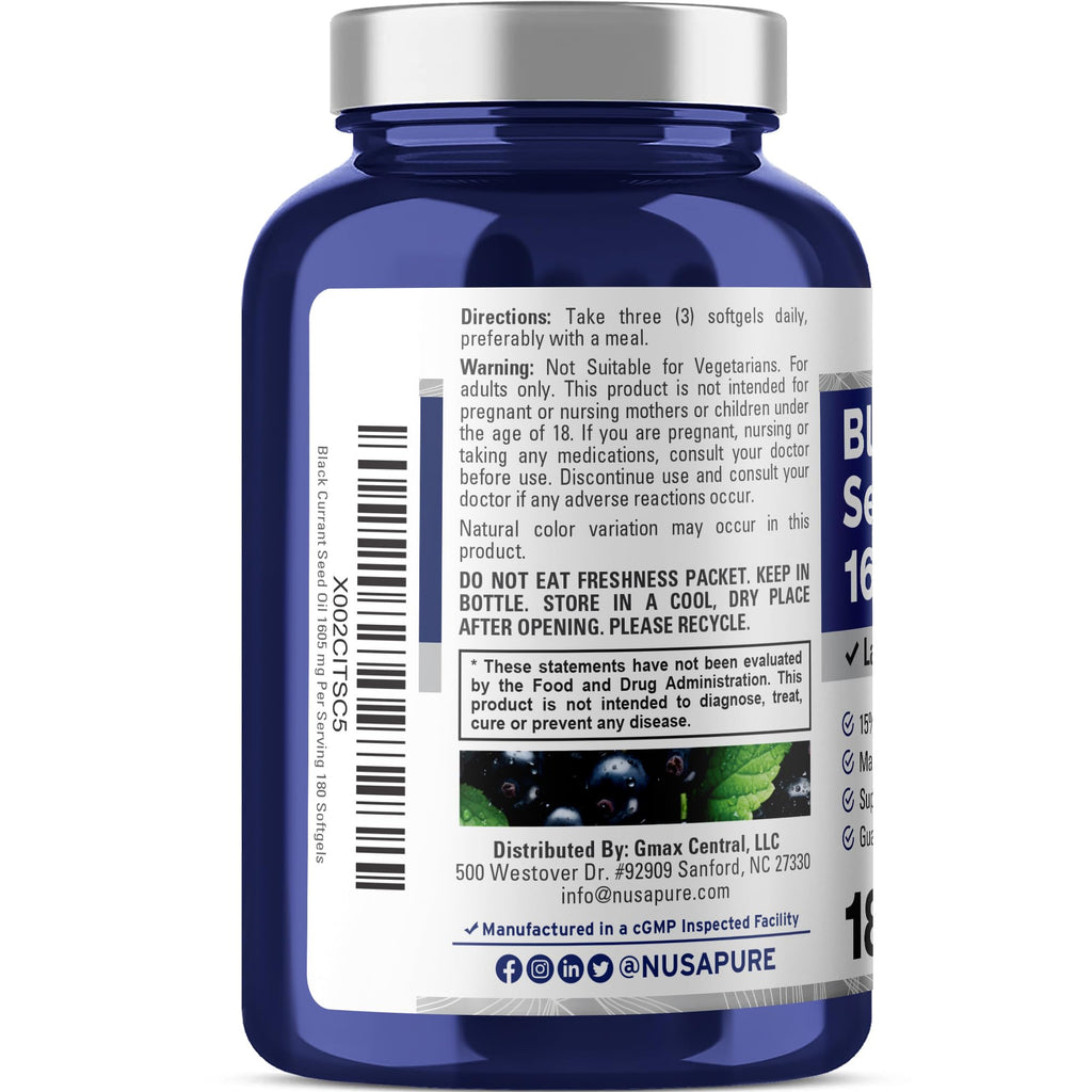 NusaPure Black Currant Seed Oil 1605 mg Gamma Linoleic Acid (GLA) 15% 180 Softgels (Non-GMO, Soyfree)