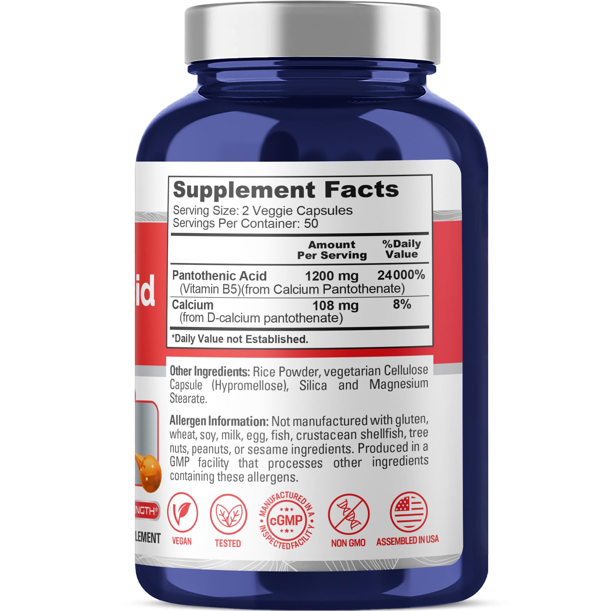 NusaPure Vitamin B5 Pantothenic Acid 1,200mg Per Serving 100 Caps Vegetarians Vegans, Non-GMO Dietary Supplement
