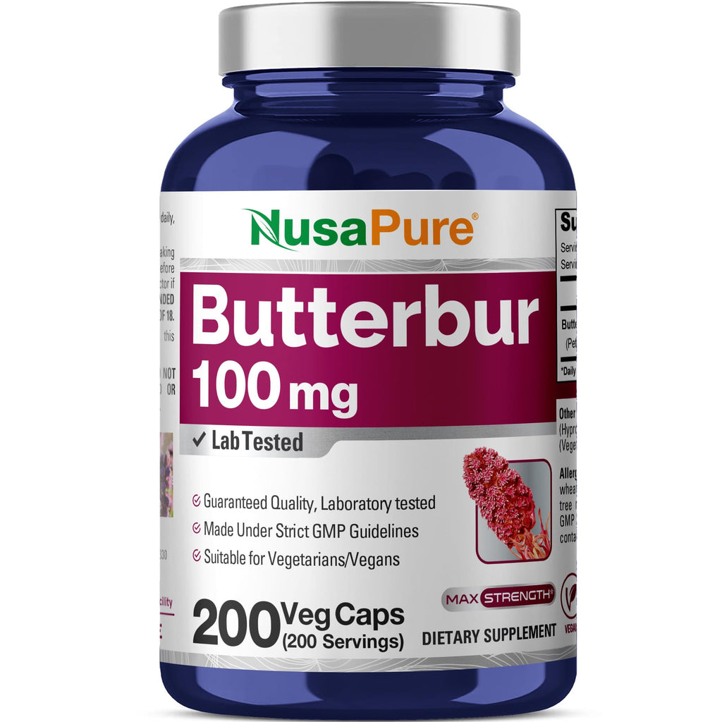 NusaPure Butterbur Extract 100mg per caps 200 Veggie Capsules (Non-GMO, Vegetarian, Vegan)