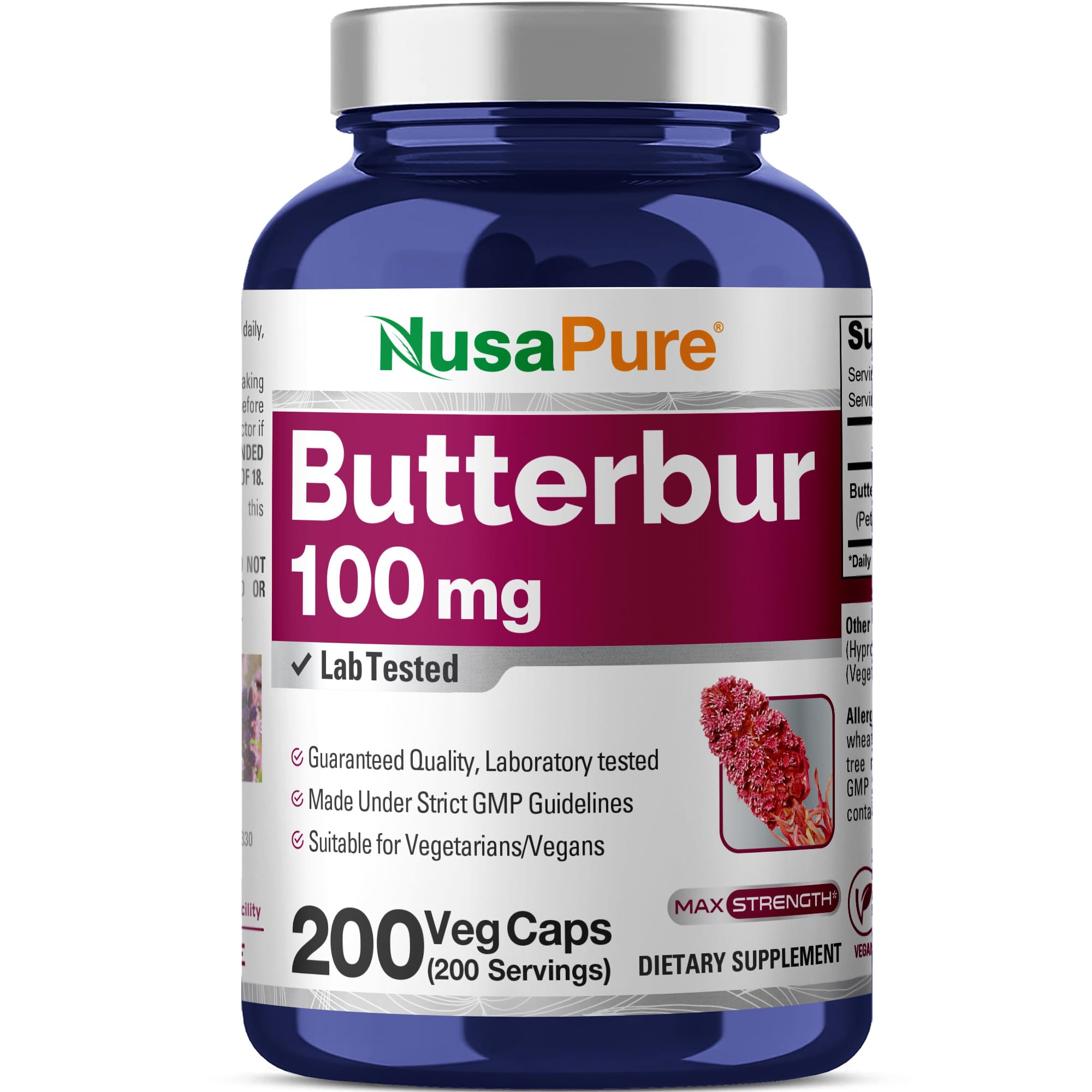 NusaPure Butterbur Extract 100mg per caps 200 Veggie Capsules (Non-GMO, Vegetarian, Vegan)