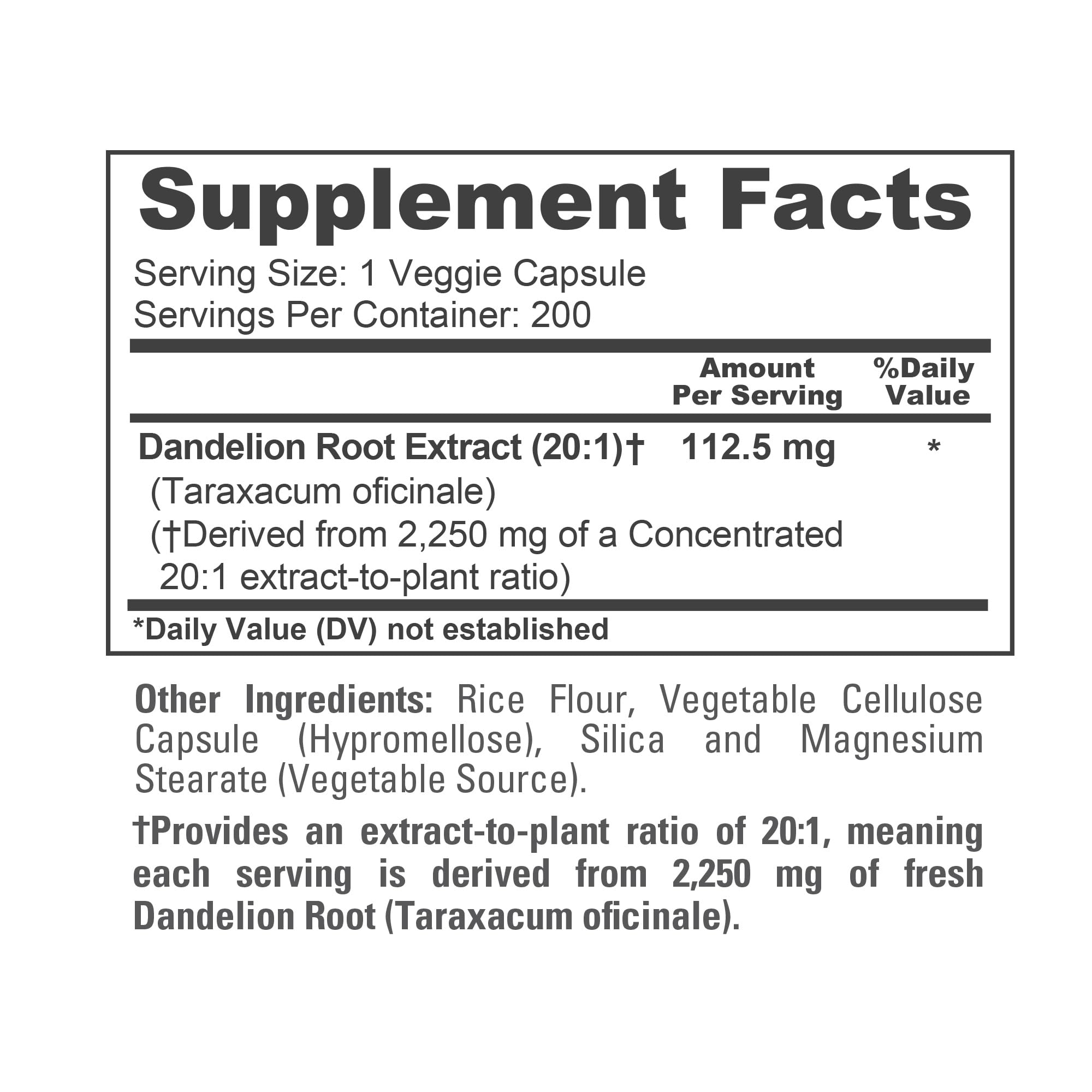 NusaPure Dandelion Root 20:1 Extract, 112.5 mg 200 Veggie Capsules (Non-GMO, Vegan)