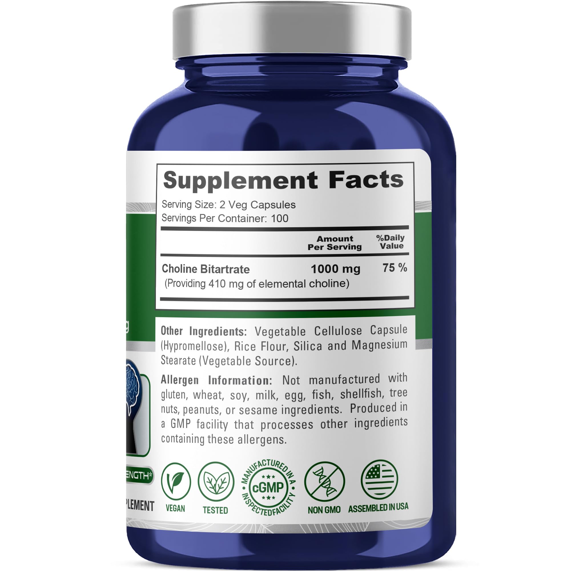NusaPure Choline Bitartrate - Suitable for Vegetarian/Vegan, Non - GMO - 1000 mg 200 Capsules