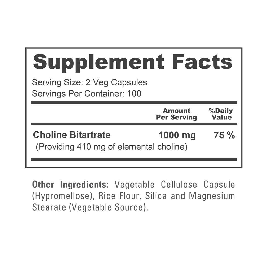 NusaPure Choline Bitartrate - Suitable for Vegetarian/Vegan, Non - GMO - 1000 mg 200 Capsules