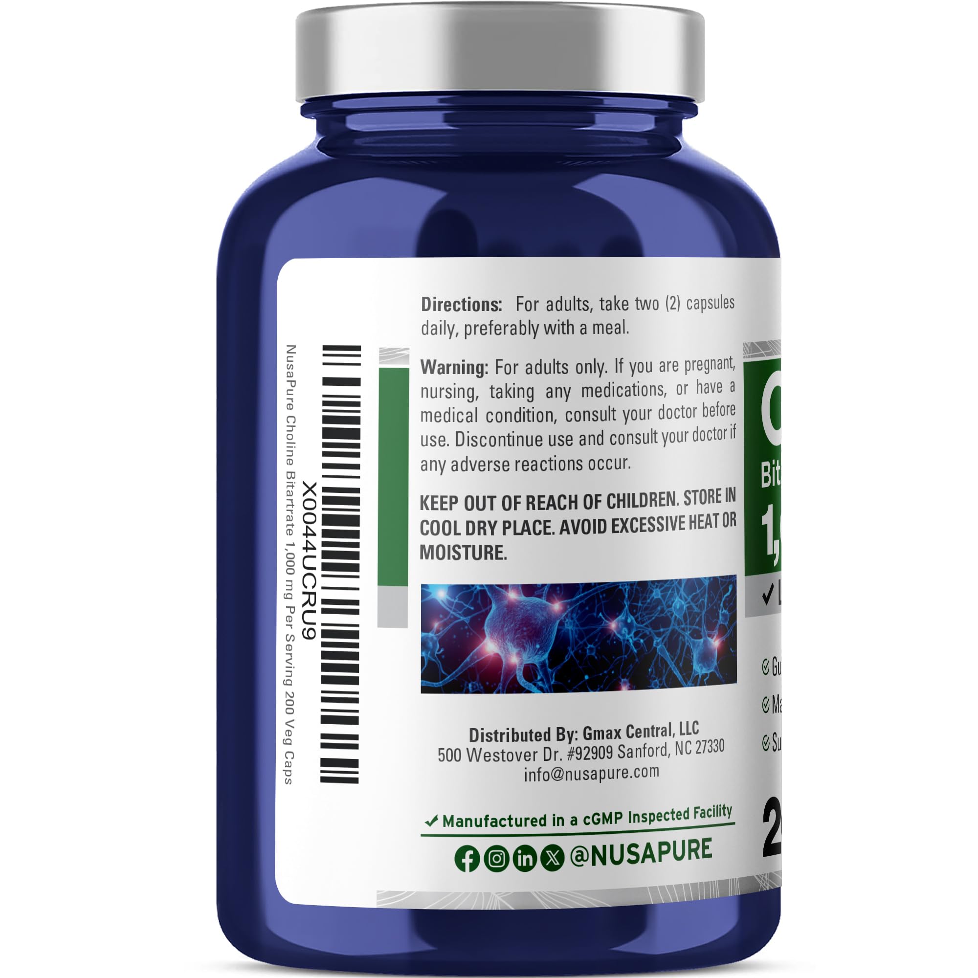 NusaPure Choline Bitartrate - Suitable for Vegetarian/Vegan, Non - GMO - 1000 mg 200 Capsules