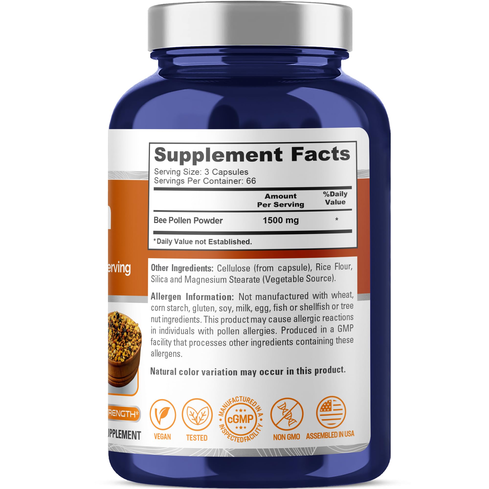 NusaPure Bee Pollen 1500mg 200 Veggie Caps (100% Vegetarian, Non-GMO, Vegan) Naturally Occurring Proteins, Aminoacids