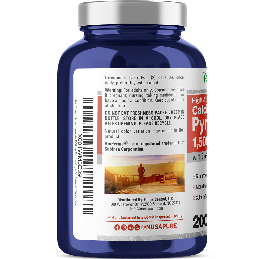 NusaPure Calcium Pyruvate - Suitable for Vegetarian/Vegan, Non - GMO - 1500 mg - 200 Capsules