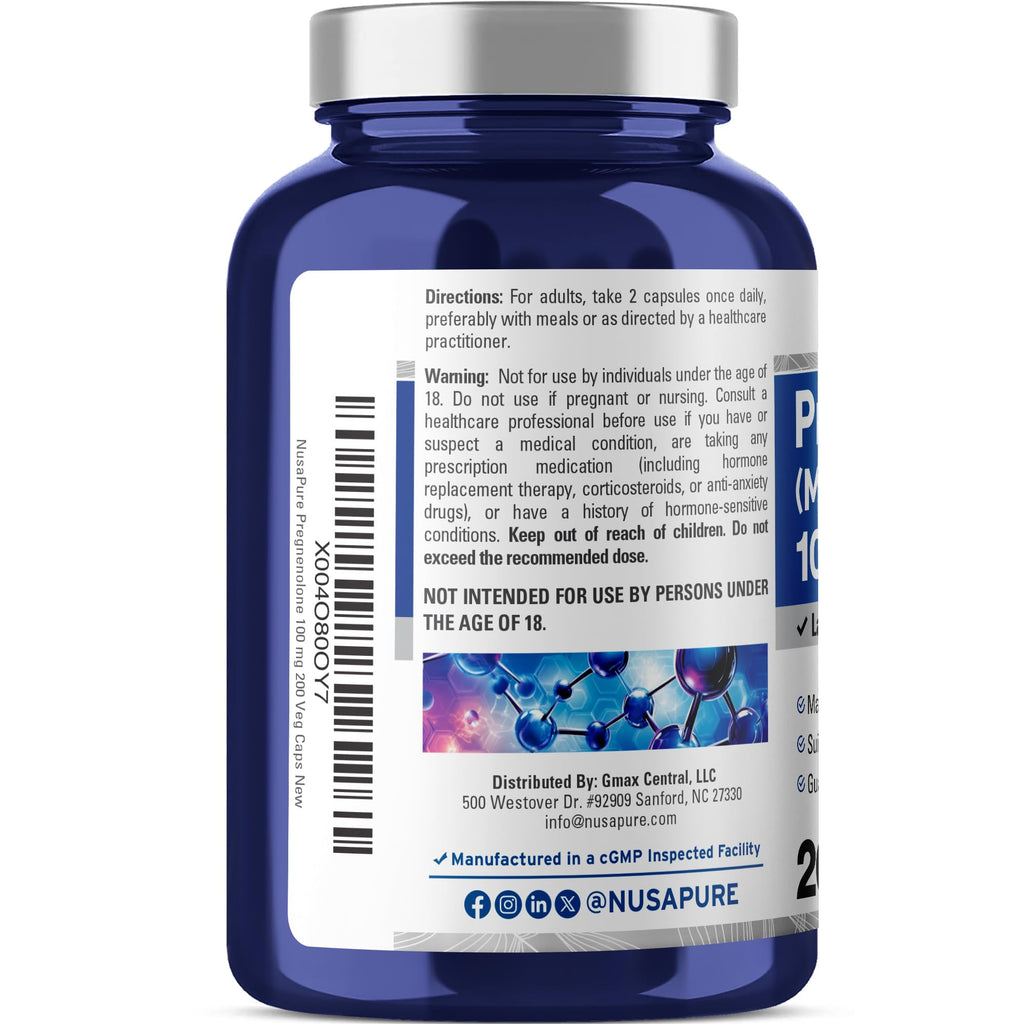 NusaPure Pregnenolone (Micronized) 100 mg Per Serving 200 Veg Caps Dietary Supplement Vegan, Non-GMO