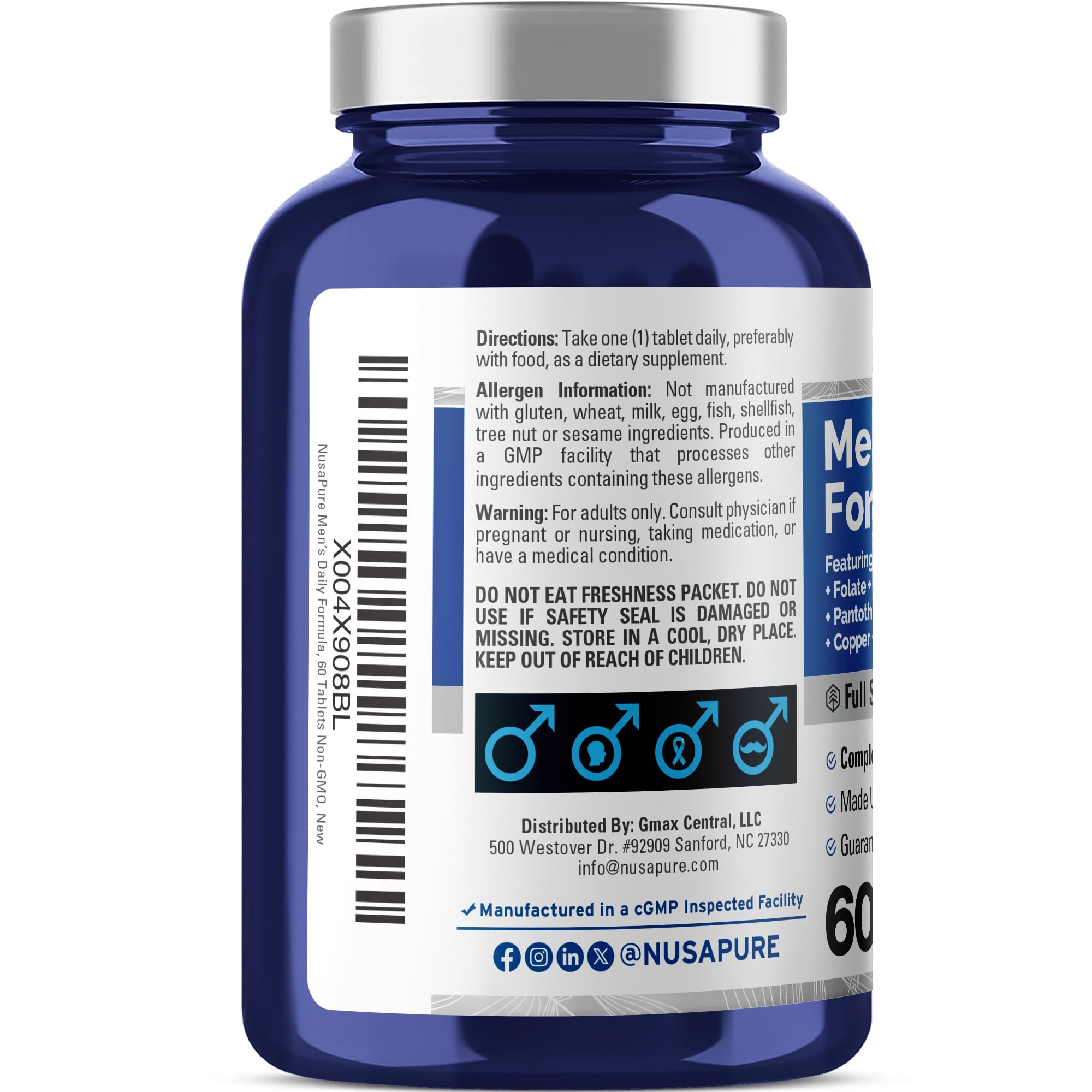 NusaPure Men’s Daily Formula – Full Spectrum Multivitamin with Vitamins A, C, D, E, K, B-Complex, Folate, Biotin, Minerals & Lycopene | 60 Tablets | Non-GMO