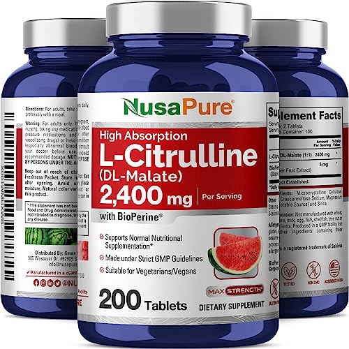 NusaPure L-Citrulline 2,400mg 200 Vegetarian Tablets (Non-GMO, Gluten Free, 100-Day Supply, Bioperine)