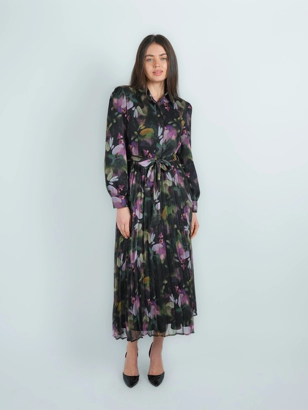 Chiffon Belted Pleated Shirt Dress