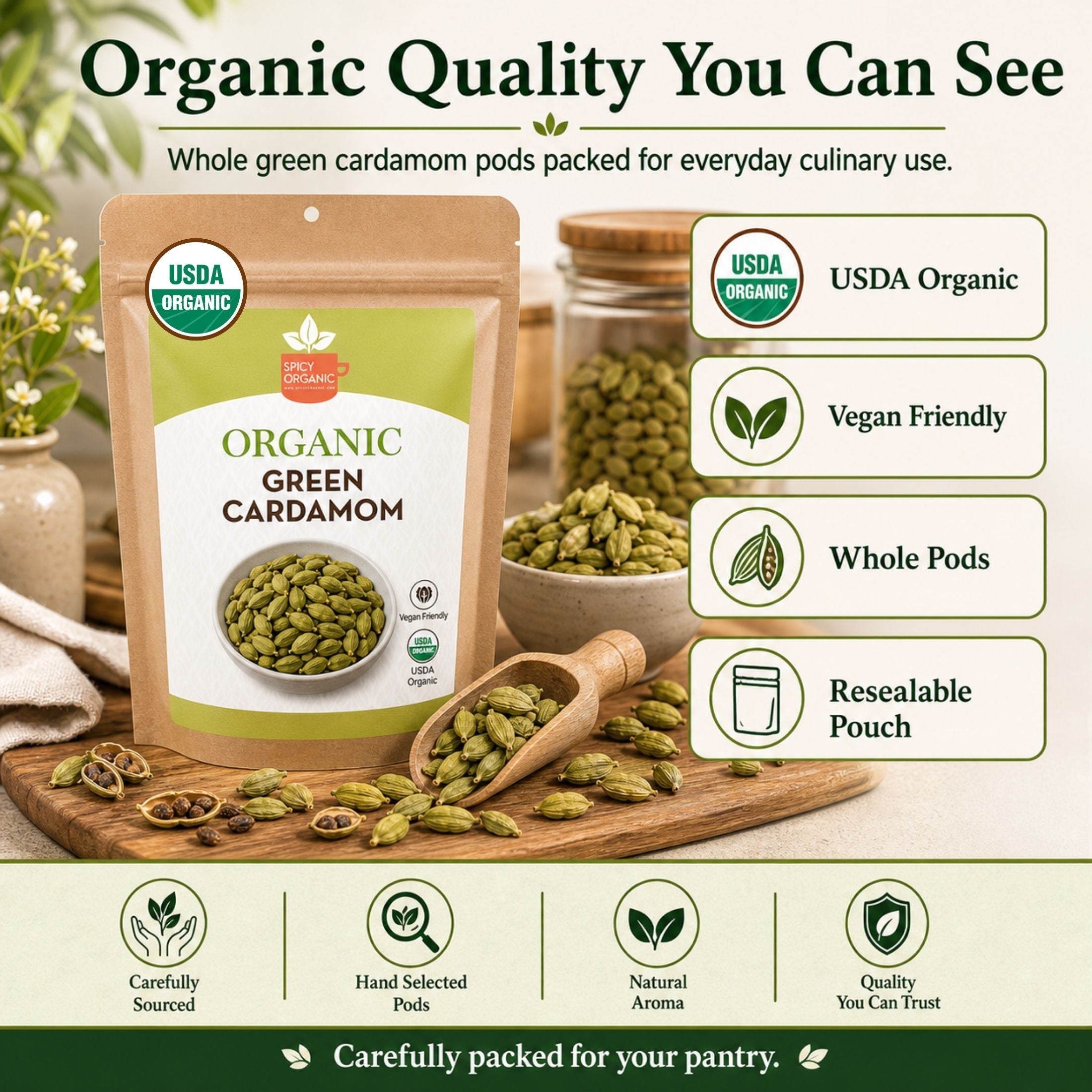 Organic Green Cardamom Pods – Jumbo, for Chai & Biryani