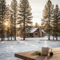 Cozy winter wellness retreat lodge among pine trees in the Black Hills with herbal tea and soft golden light