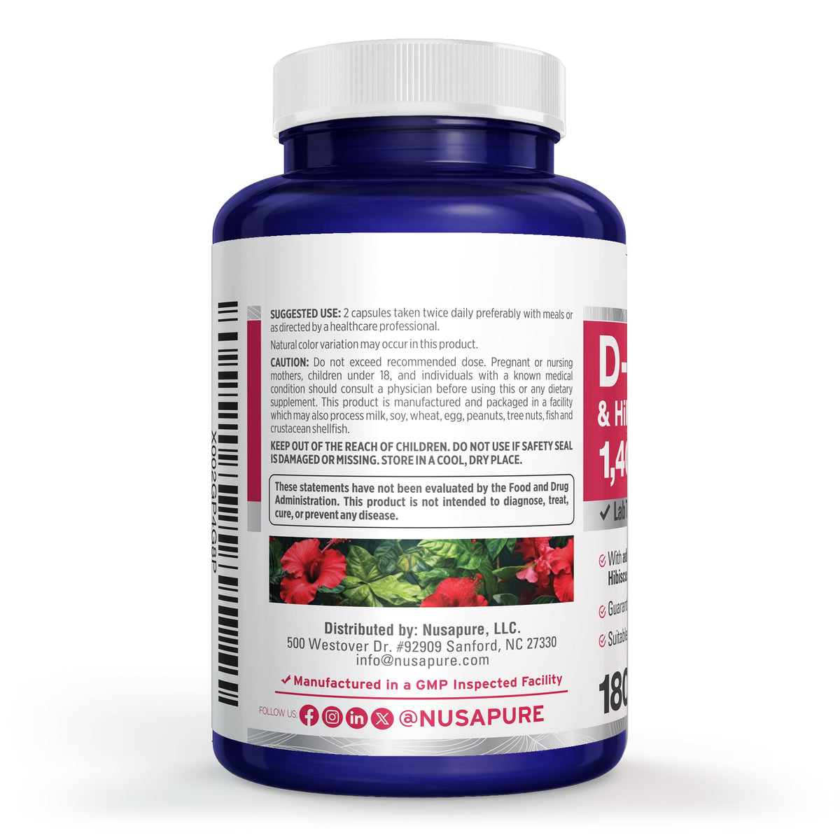 NusaPure D-Mannose Complex 1400 mg (with Hibiscus and Cranberry) - 180 Veggie Caps.