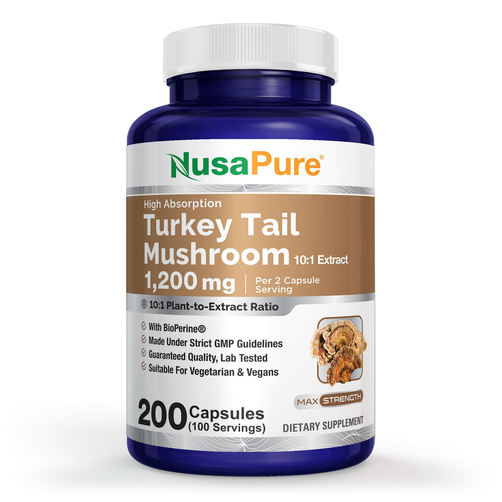 NusaPure Turkey Tail Mushroom Capsules, 10:1 Extract, 1200 mg, 200 Vcaps, Non-GMO, Gluten Free, Bioperine