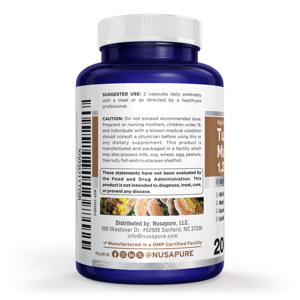 NusaPure Turkey Tail Mushroom Capsules, 10:1 Extract, 1200 mg, 200 Vcaps, Non-GMO, Gluten Free, Bioperine