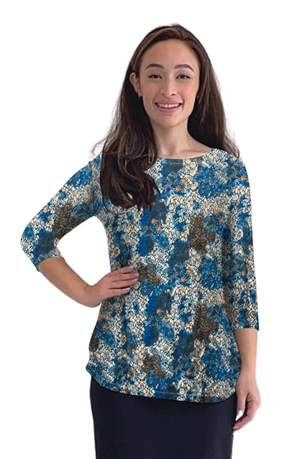 Curved Side Hem Tunic with 3/4 Sleeves and Modest Crew Neckline