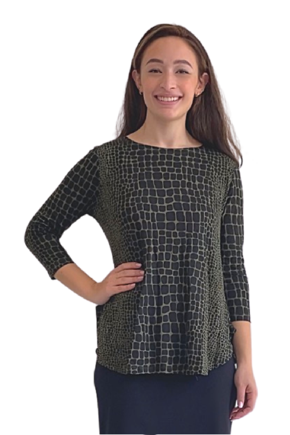Curved Side Hem Tunic with 3/4 Sleeves and Modest Crew Neckline