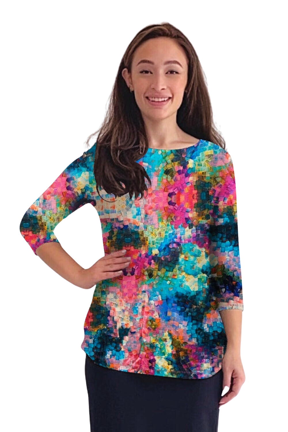 Curved Side Hem Tunic with 3/4 Sleeves and Modest Crew Neckline