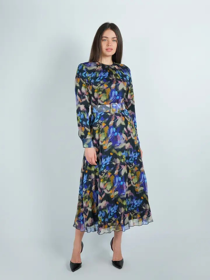 Chiffon Neon Floral Pleated Dress